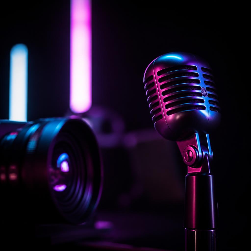 Microfono e obiettivo fotocamera su palco dark con luci neon, estetica premium